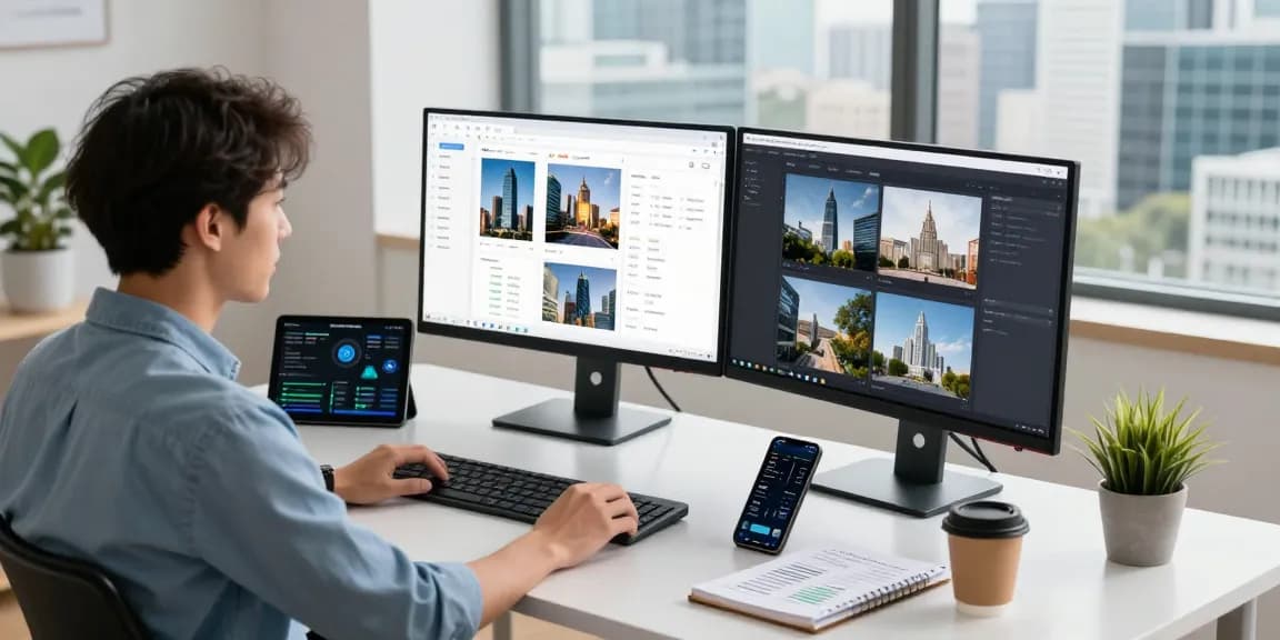 Data analyst using ai image checker on dual monitors in a modern workspace.