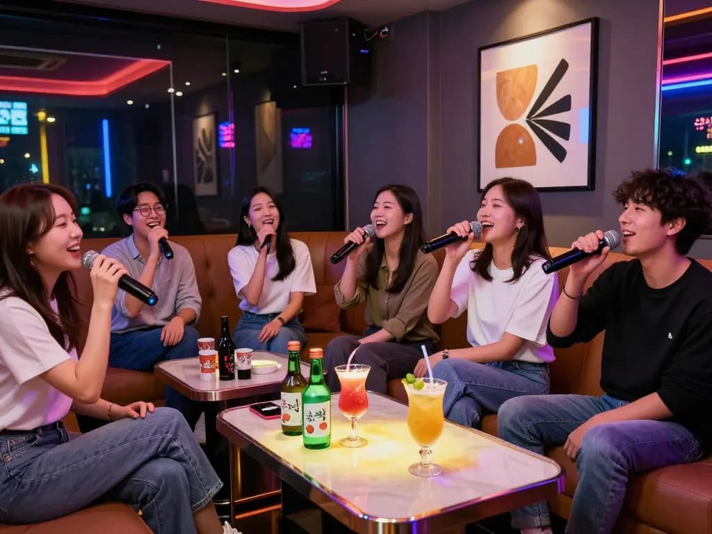 친구들과 함께 음료와 다채로운 조명을 즐기며 3no.org/bupyeong의 신나는 노래방을 보여주는 활기찬 밤문화.
