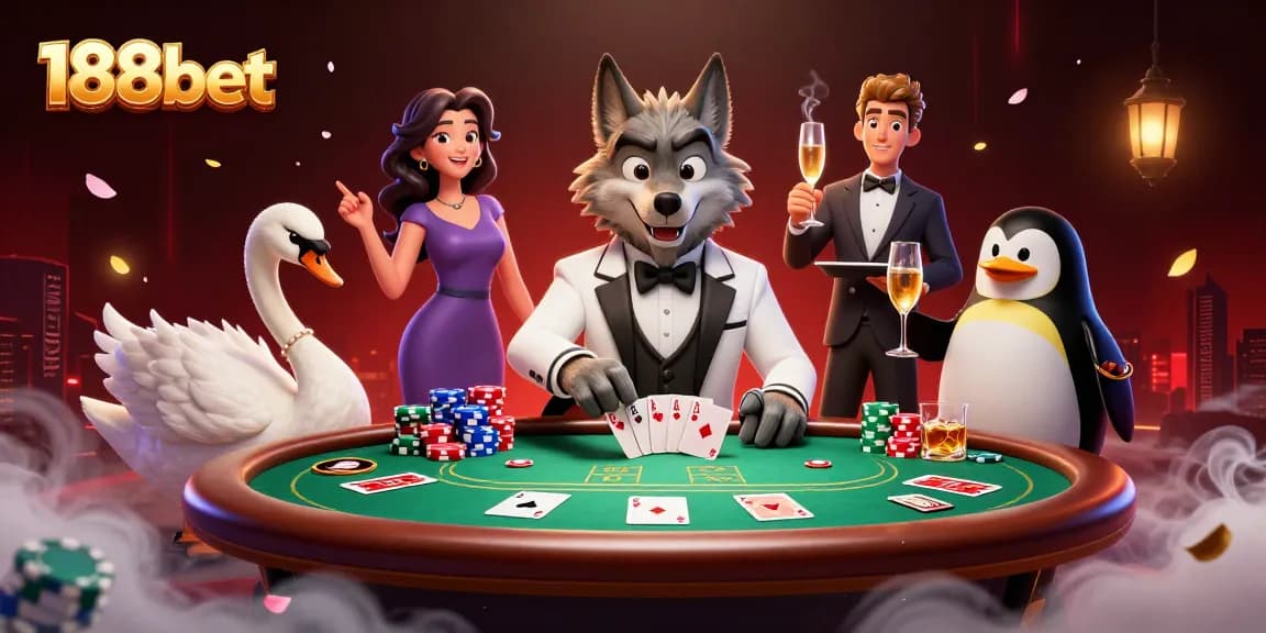 Engage with 188bet's thrilling casino scene featuring a wolf, swan, and penguin.