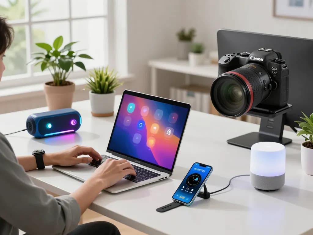 Engaging workspace featuring smart tech gadgets like a laptop, smartwatch, and Bluetooth speaker for enhanced productivity.