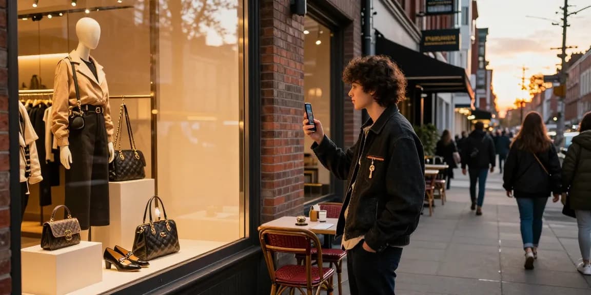 Stylish individual showcasing 레플리카 accessories in an urban luxury shopping scene.