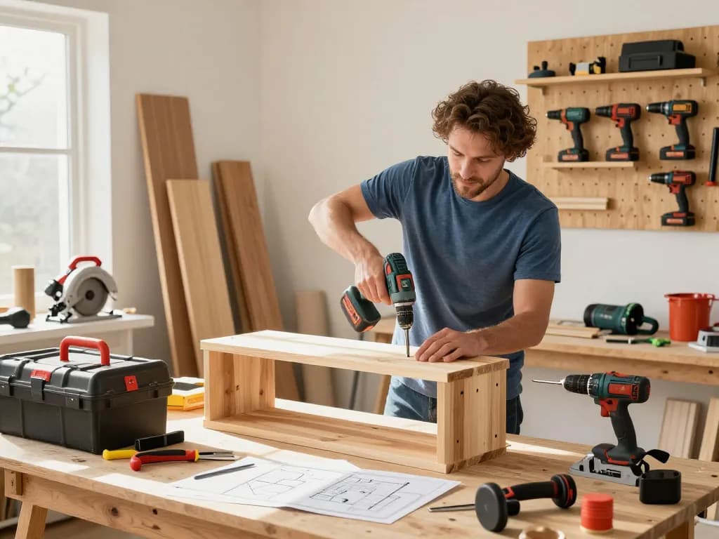 Enthusiastic homeowner using Powertools Cyprus in a bright workshop setting, assembling a wooden shelf with a power drill.