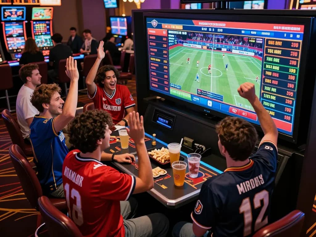 Kwin sports betting scene with friends cheering for their favorite teams and monitoring betting odds.