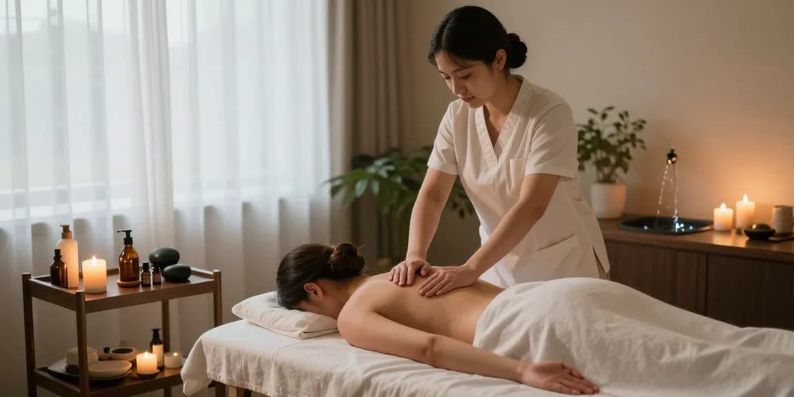 스웨디시 마사지 중인 고객과 프로 마사지사가 있는 평화로운 스파 씬