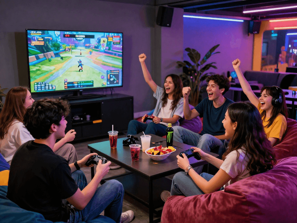 Engaged friends playing a sex game online in a modern gaming lounge.