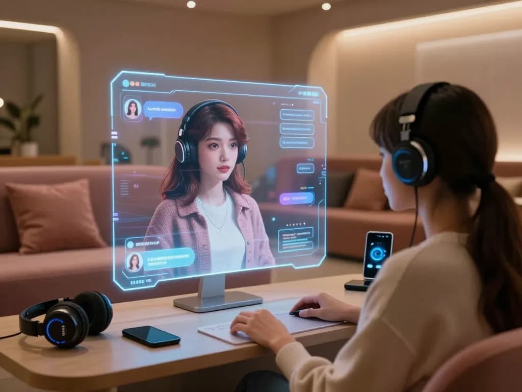 Interactive scene with ai gf in a cozy digital lounge showcasing personalized AI girlfriend avatar and tech gadgets.