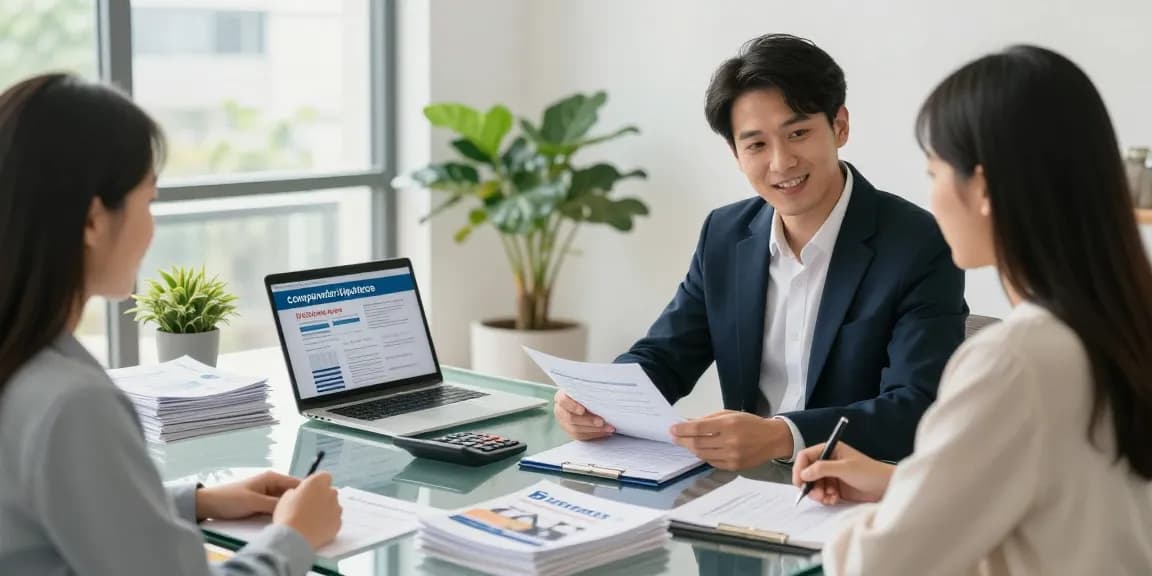 Mortgage consultant discussing comparador hipotecas with client in modern office.