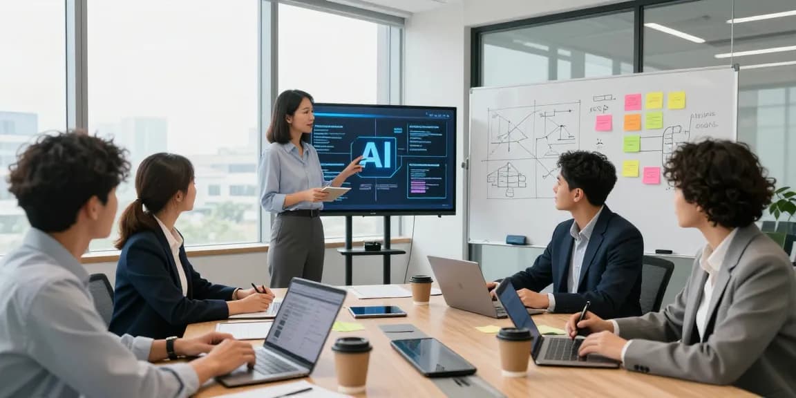 Team collaboration using AI for business insights in a modern corporate office setting with digital displays and laptops.