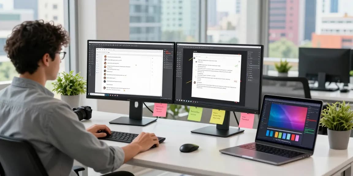 Snipaste screenshot tool in a modern workspace with multiple monitors displaying design applications and collaborative chats.