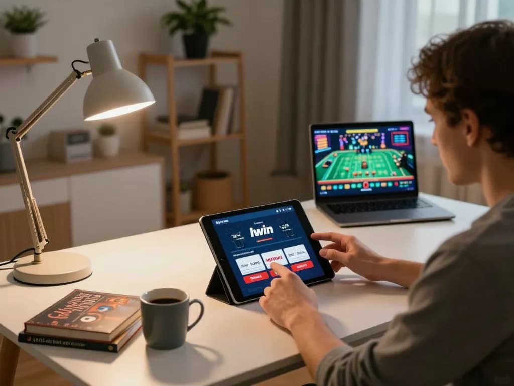 Engaging in online gambling through llwin Download on tablet, cozy home environment.