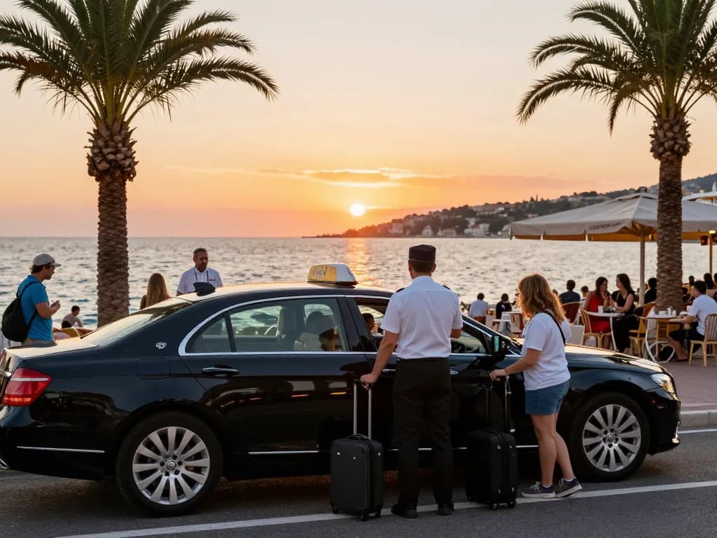 Service de taxi de luxe à Saint Tropez au coucher du soleil au bord de l'eau, mettant en avant le professionnalisme et le confort.
