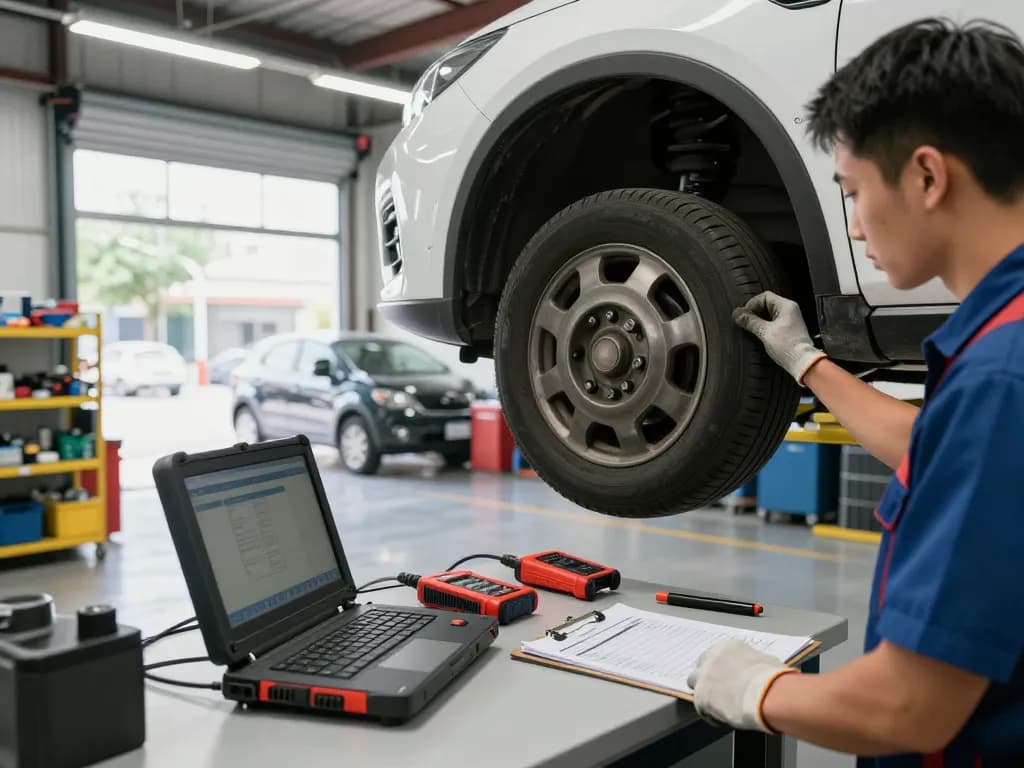 Lyft inspection being performed by a mechanic in a professional automotive service center.