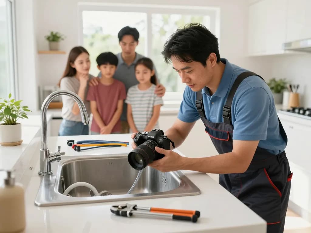 Efficient plumber providing sewer and drain services in a family kitchen.