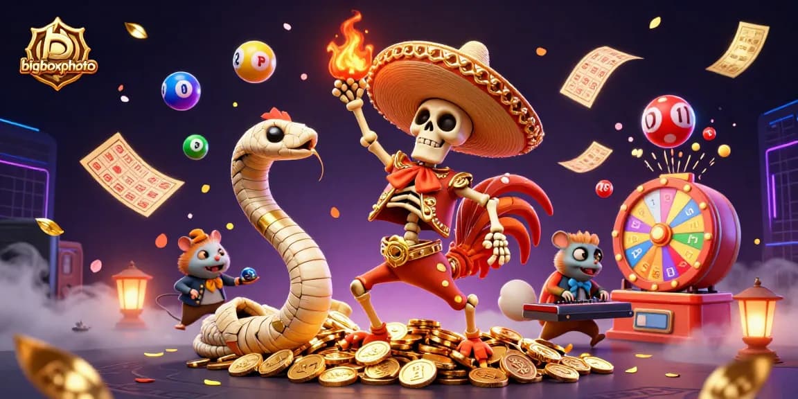 Spin and win at bigboxphoto with colorful lottery elements and vibrant characters celebrating in a casino scene.