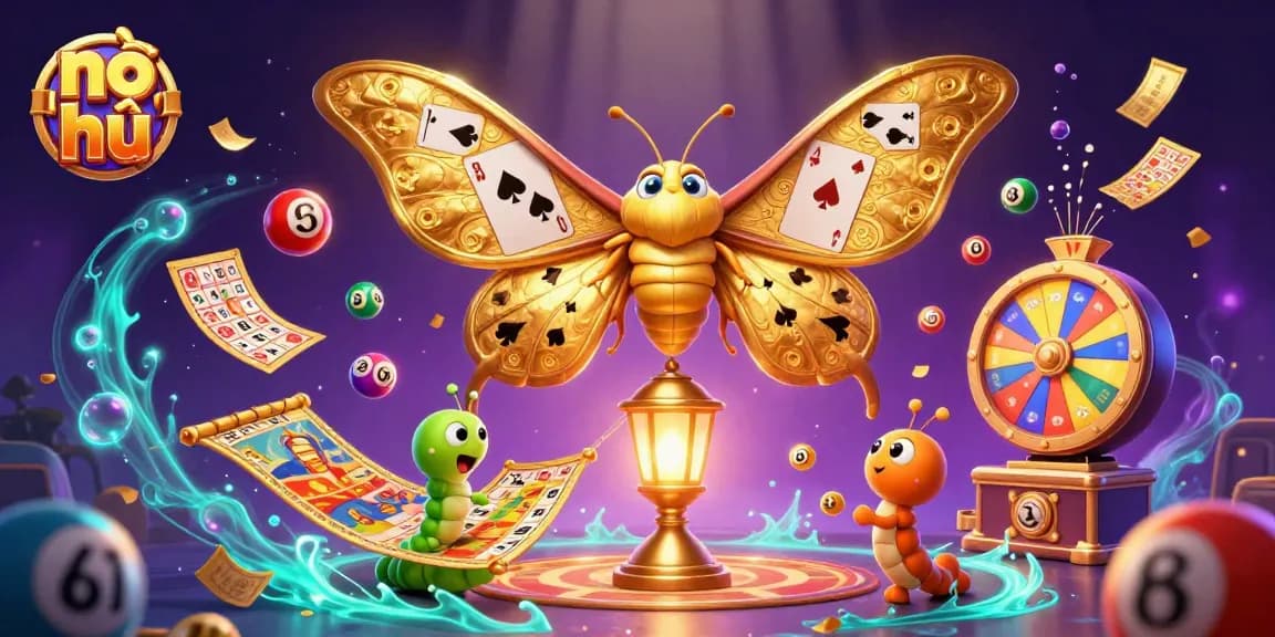 Engage in nổ hũ with a vibrant 3D casino scene featuring a golden moth and dynamic gaming elements.