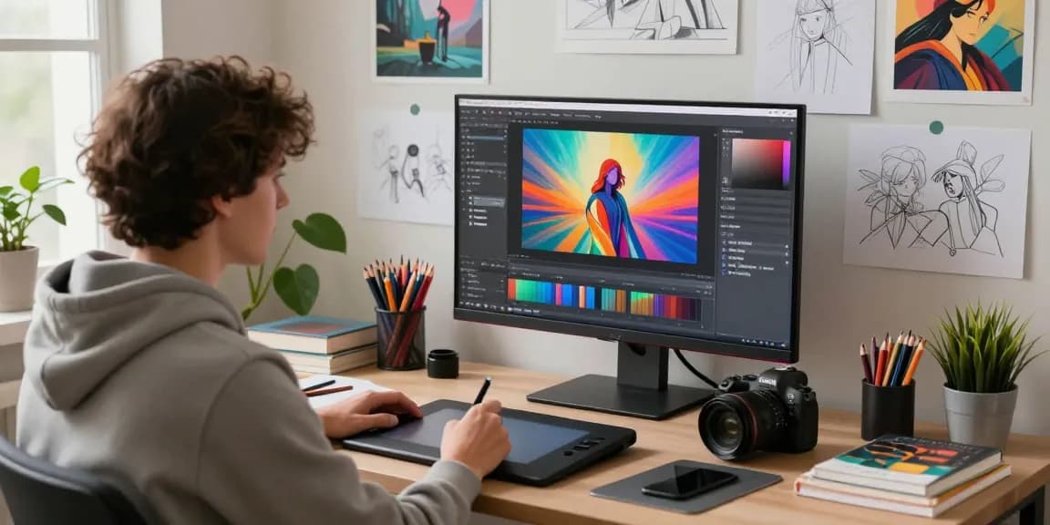 Digital artist using Nano Banana AI Image Editor in a creative workspace filled with vibrant visuals and design tools.