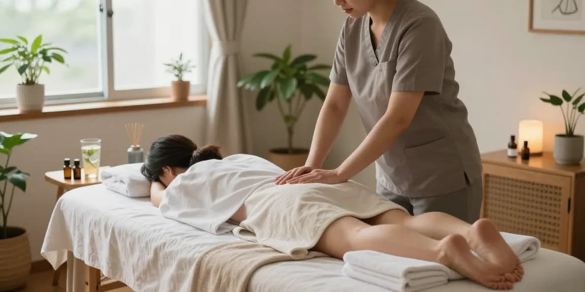 인천출장마사지로 편안한 분위기에서 마사지 받는 모습, 아로마 오일과 편안한 조명으로 기분 좋은 힐링 공간 조성