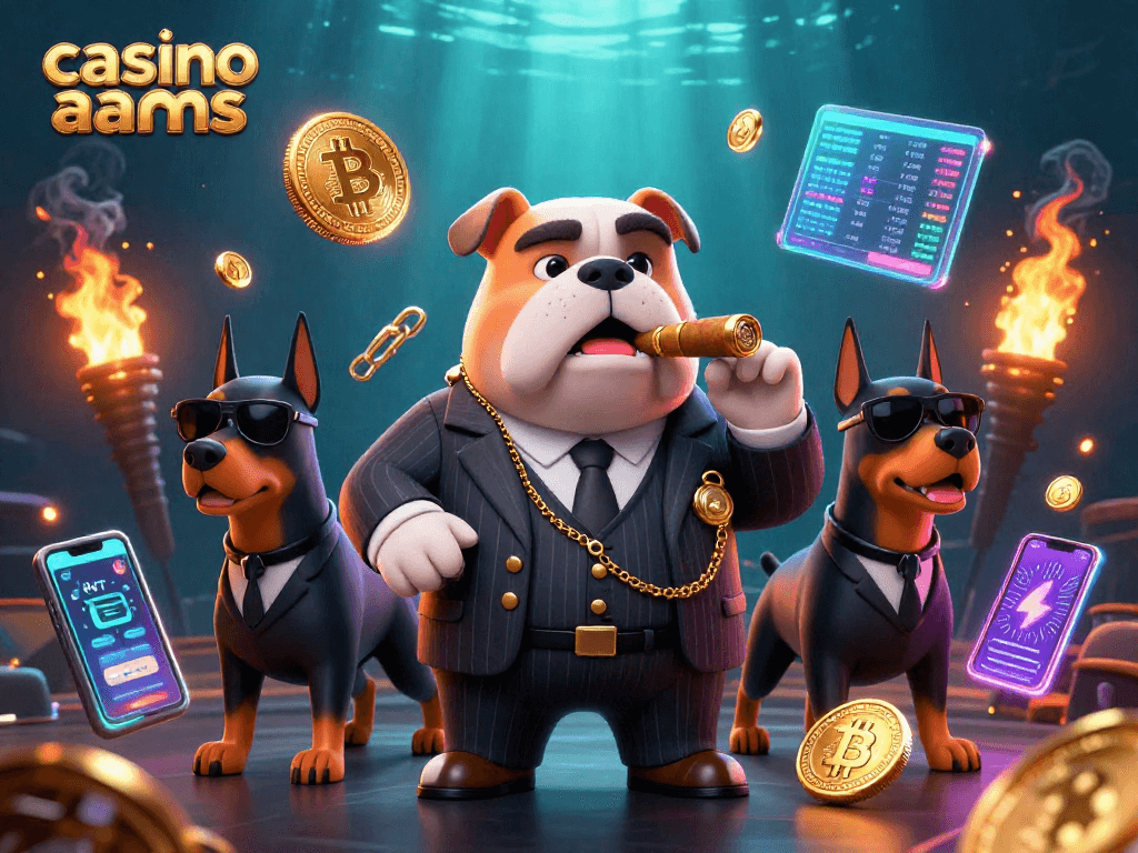 Scopri il mondo dei casinò non AAMS con il bulldog boss e i suoi bodyguard tra monete crypto e simboli di gioco.