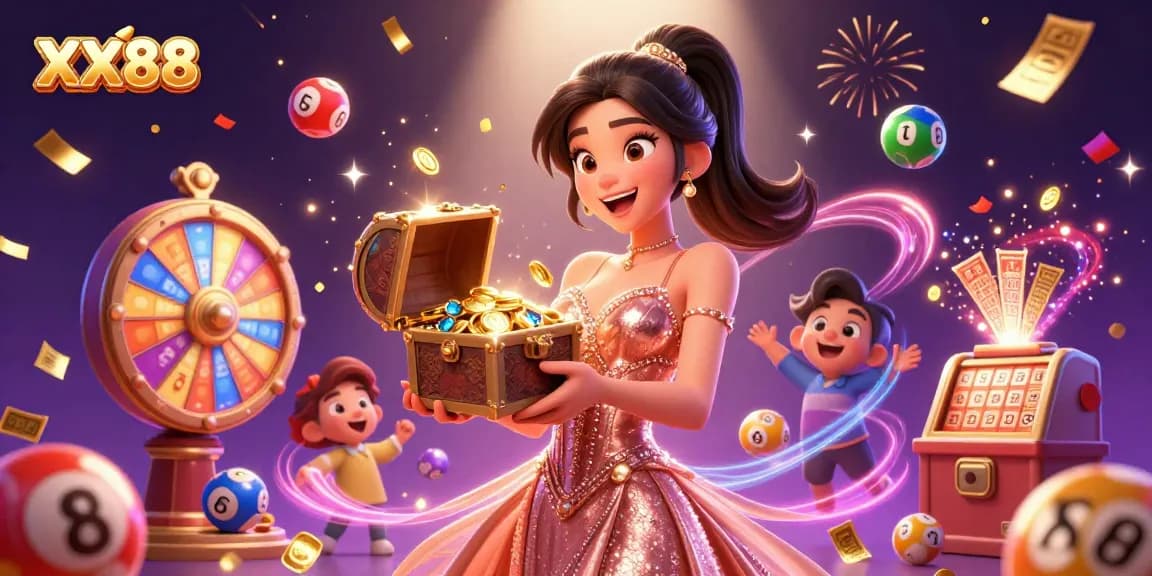 Win big at XX88 with a stunning treasure chest of coins and exciting game elements!