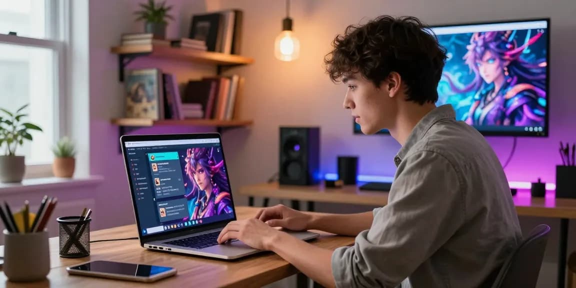 Immersive NSFW character AI interaction in a cozy home office setting.