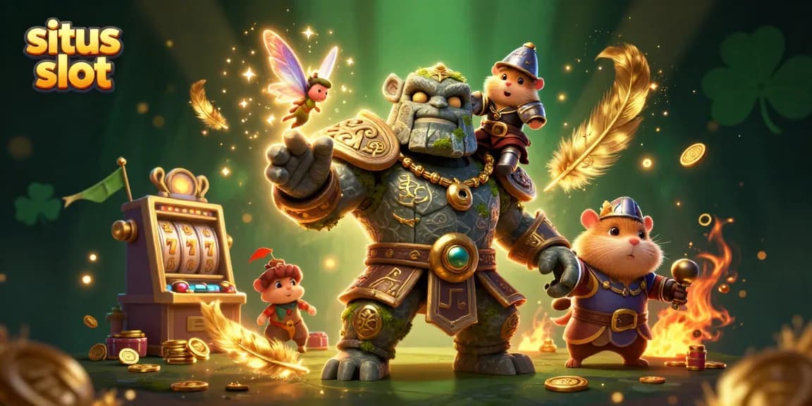 Menangkan jackpot besar di situs slot dengan slot mesin dan koin emas yang bertebaran.