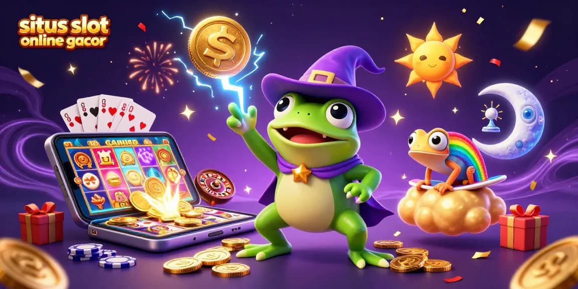 Gambar situs slot online gacor dengan karakter katak penyihir dan chameleon pelangi menciptakan hujan koin emas.