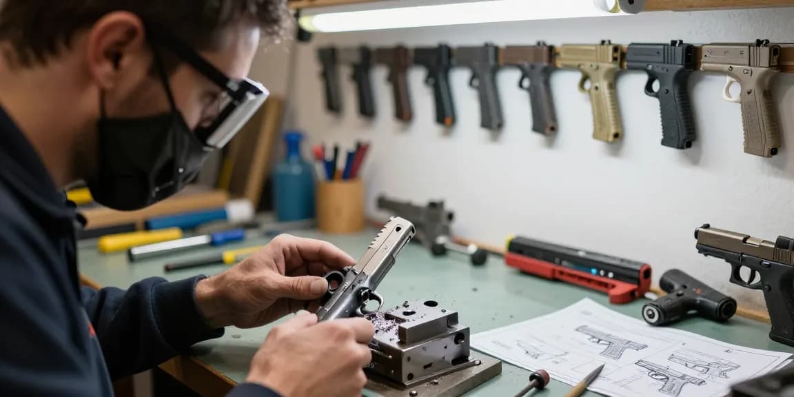 Custom Glock slide milling process at https://precisionglockslides.com with skilled gunsmith showcasing expertise.