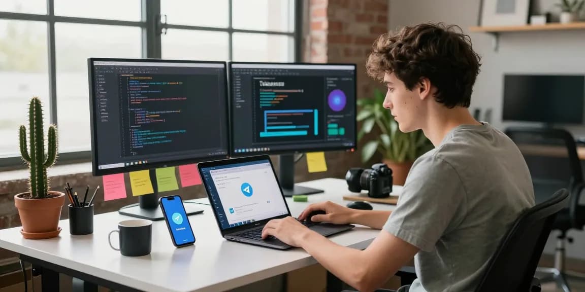 Developer using Telegram Download on a laptop in a modern workspace.