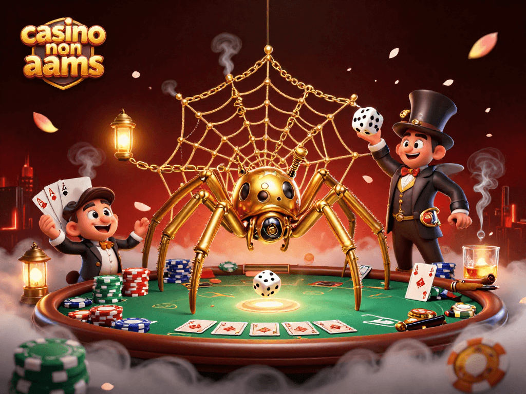 Gioca in un casino non aams con un ragno steampunk d'oro che cattura dadi sfortunati.