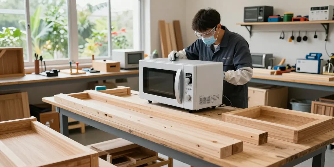 Shashel microwave technology in action eliminating wood-boring insects in workshop settings.