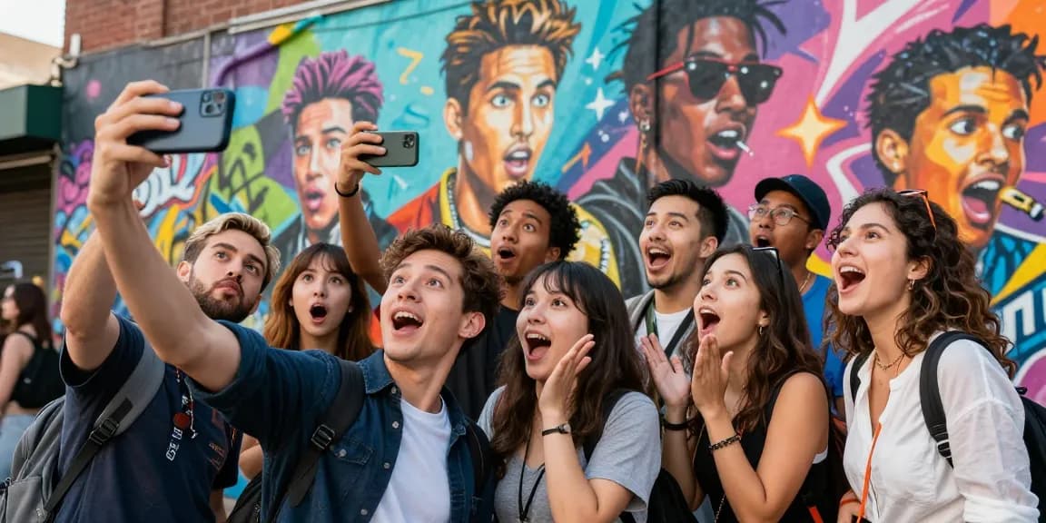 People enjoying a day out discovering celebrities that look alike in front of a vibrant urban mural.