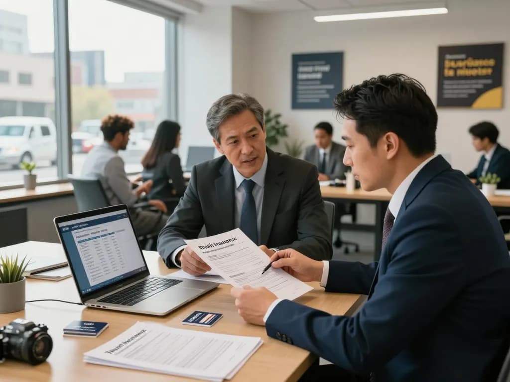 Truck insurance free quotes consultation with broker and owner-operator discussing coverage options in bright office.