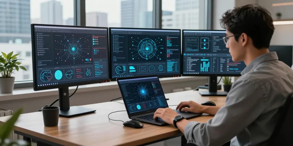 快连 optimizing network performance in a modern tech workspace, showcasing productivity.