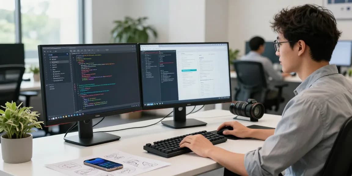 快连 network acceleration platform developer at a modern workspace with dual monitors, coding, and app design.