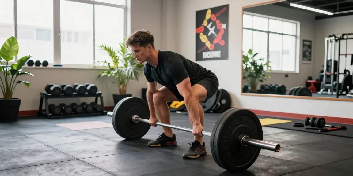 Sportlicher Bodybuilder hebt Gewichte im Fitnessstudio von Steroidshop und zeigt Engagement und Stärke.