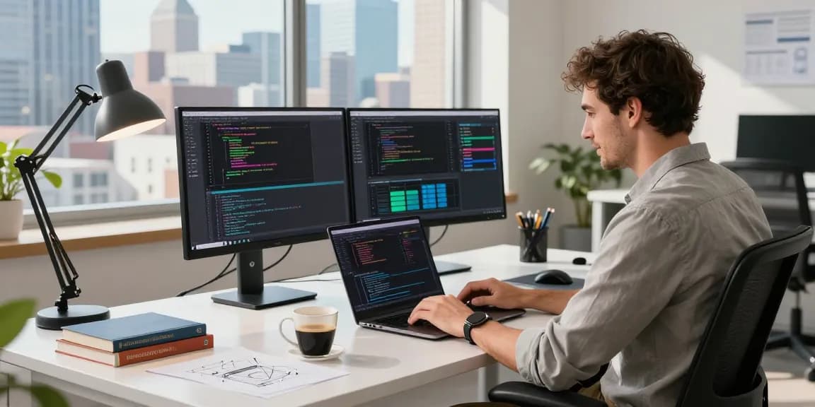 Developer coding on laptop in modern office environment showcasing teiegramin.com technology.