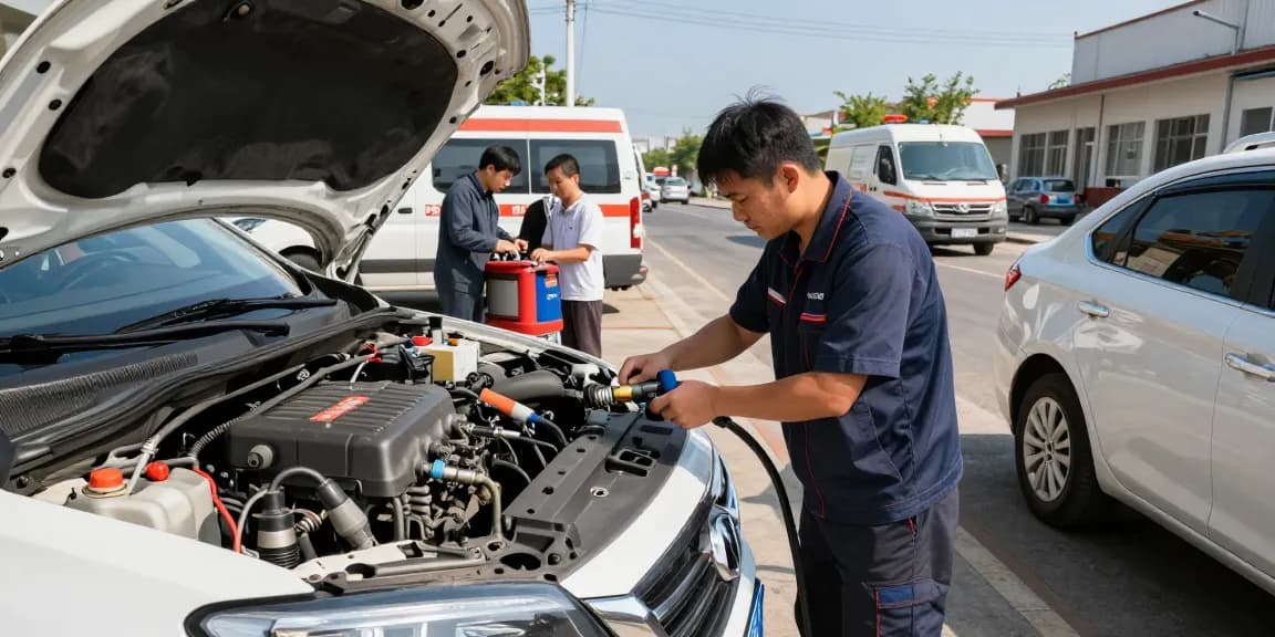 Expert technician assisting a diesel car that has petrol in its tank, demonstrating professional fuel recovery service.