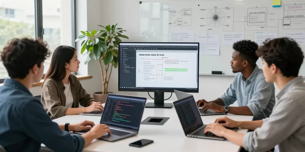 Diverse team collaborating to build internal tools with AI in a bright, modern workspace.