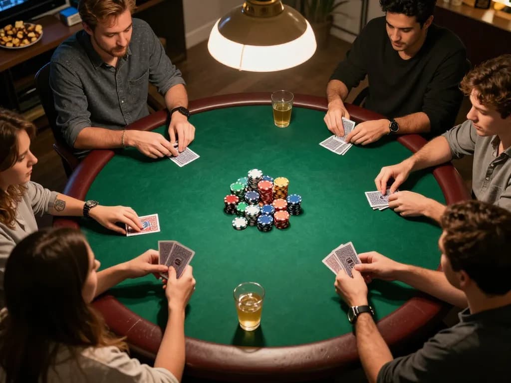 Friends enjoying a competitive poker night at home, showcasing LC88 gaming strategies and atmosphere.
