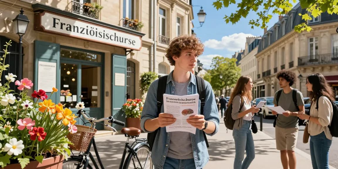 Escena atractiva de estudiantes aprendiendo cursos de francés en Francia fuera de una escuela de idiomas francesa, representando la inmersión cultural.