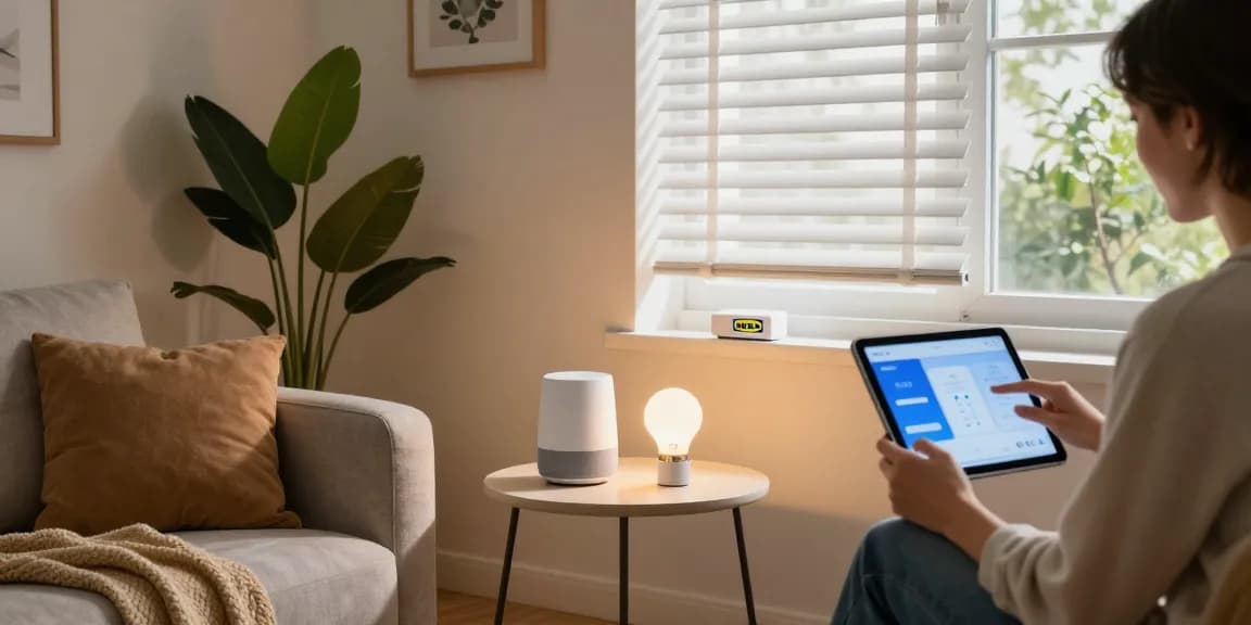 IKEA smart home devices enhance modern living room with smart lighting and automated blinds.