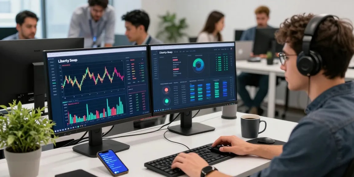 libertyswap interface on multiple monitors in a dynamic digital finance workspace.