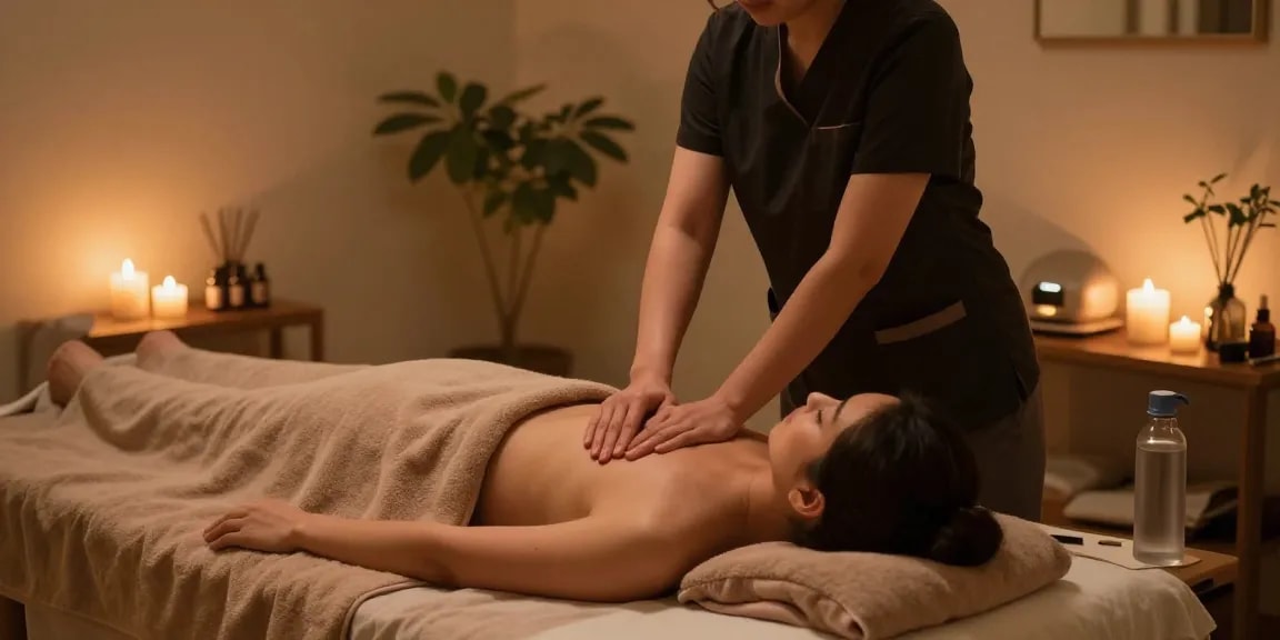 Relaxing 강남출장마사지 session in a serene home spa with a professional therapist.