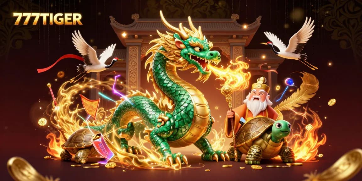 Engage with 777TIGER's dynamic casino scene featuring a jade dragon and lucky symbols.