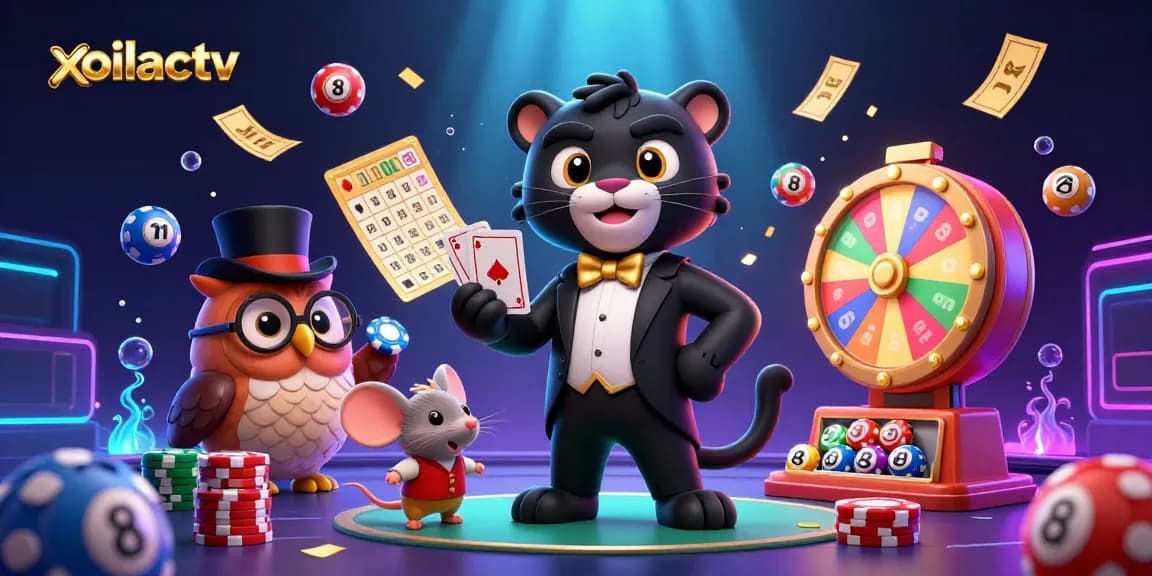 Xoilactv showcases a lively 3D scene of a stylish black panther dealing cards, enhancing the casino experience.