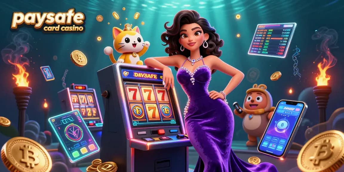 Fesselnde Szene in einem Paysafe Card Casino, die eine glamouröse Frau zeigt, die an Spielautomaten gewinnt