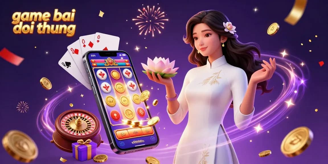 A captivating 3D scene showcasing game bai doi thuong with an elegant Asian woman, vibrant slot games, and celebratory elements.