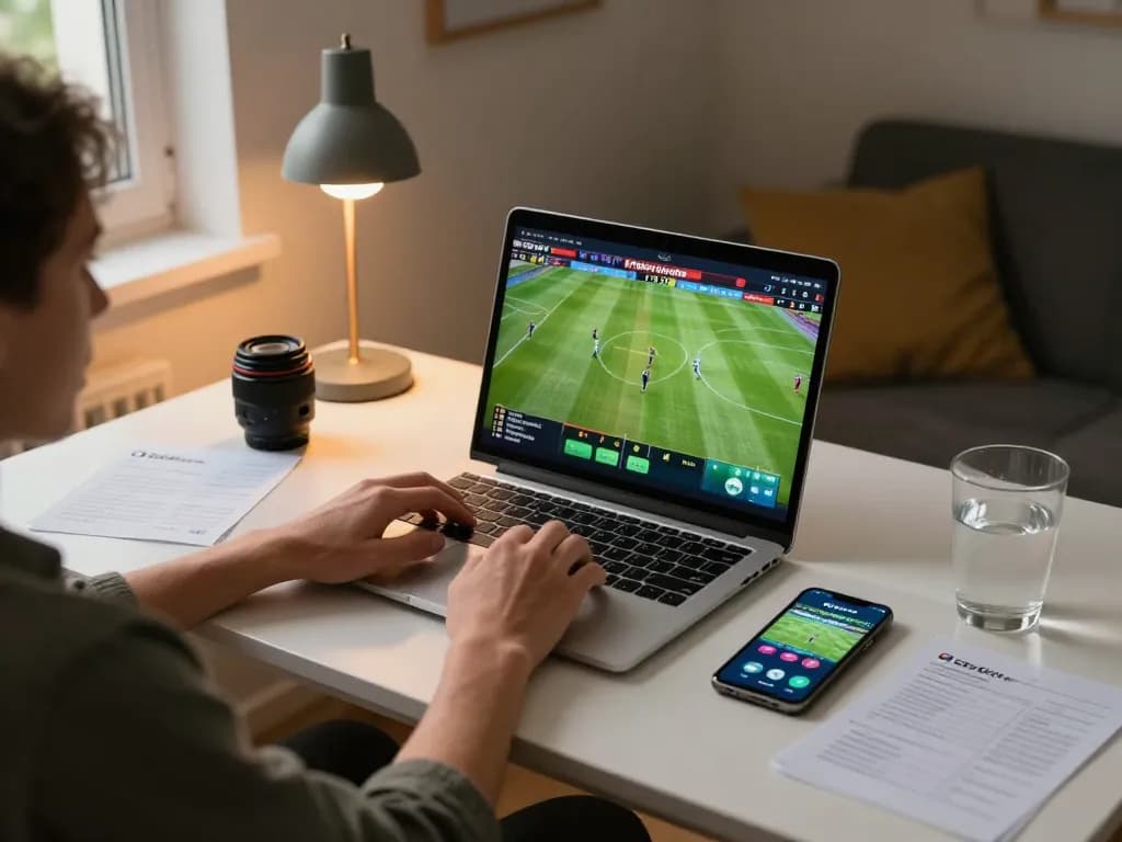 Socolive user engaging in live football streaming on a laptop, showcasing dynamic online gambling experience.