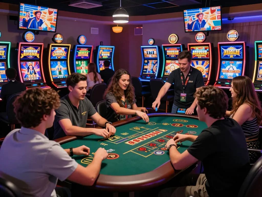 Engaged players at https://ko66a.uk.com/ enjoying a live casino atmosphere with colorful slot machines and interactive dealers.