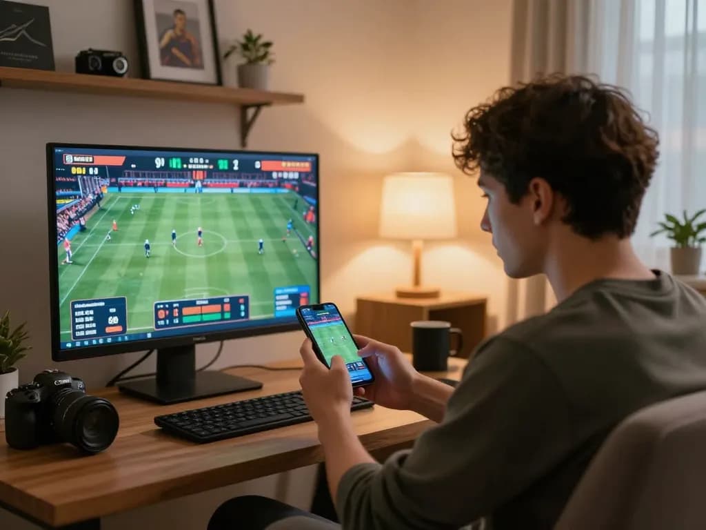 Engaging sports betting scene focusing on RR88 app in a cozy living room